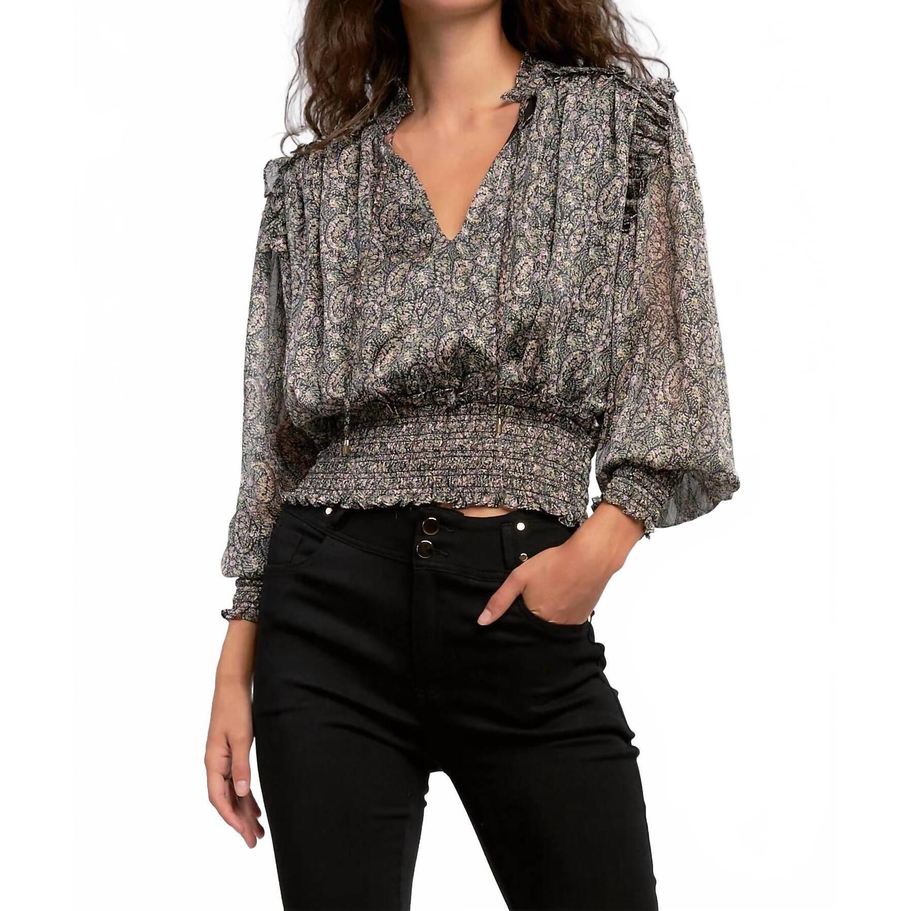 New Elan Smocked Waste Top In Black Paisley